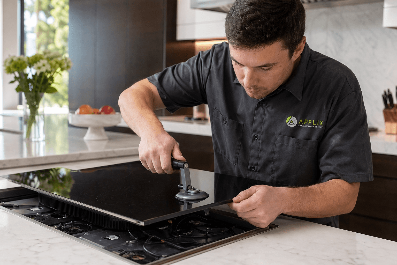Technician repairing cooktop repair in Montclair